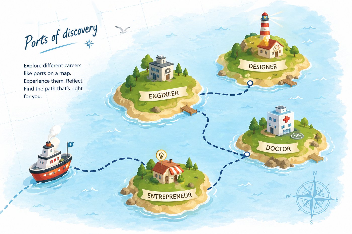 Ports of discovery — illustration showing different career islands