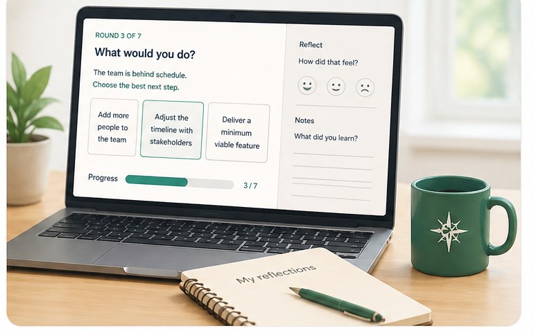 Laptop showing a career pathway game with choice cards, progress bar, and reflection notes, beside a coffee cup