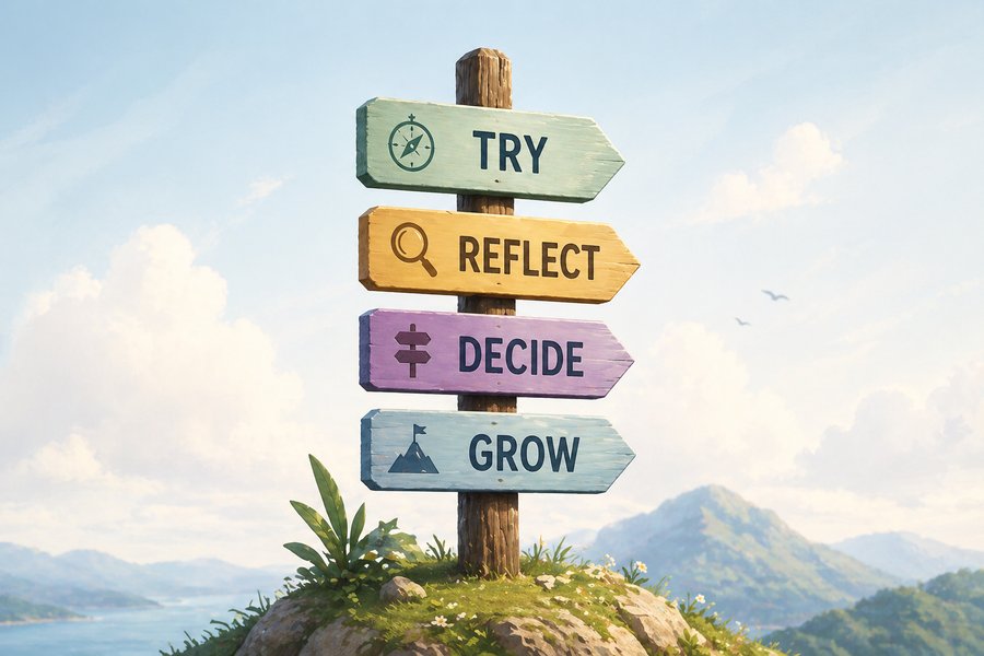 A wooden signpost on a hill with four directional signs: Try, Reflect, Decide, Grow